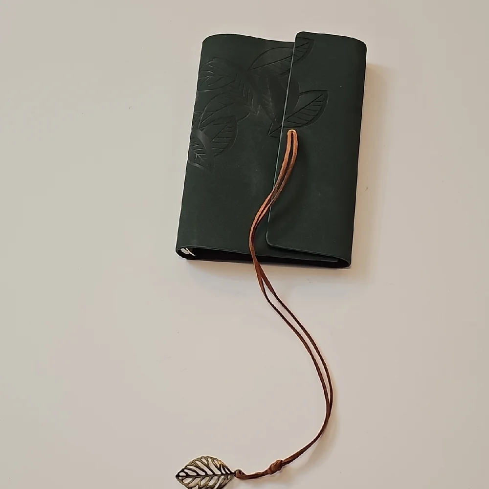 Green Leaf Embossed Faux Suede Leather Journal with Leaf Charm Emerald Green